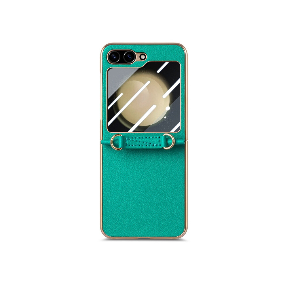 Compatible Gift Samsung Galaxy Z Flip5 5G Lychee Texture Case With Integrated Electroplated Shockproof Design And Crossbody Strap (Green):For Samsung Green 5908487391107