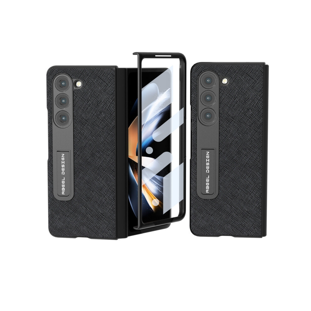 Compatible Gift Samsung Galaxy Z Fold5 Abeel Integrated Cross Texture Genuine Leather Phone Case With Holder(Black):For Samsung Galaxy Z Fold5 Black 3472763134280
