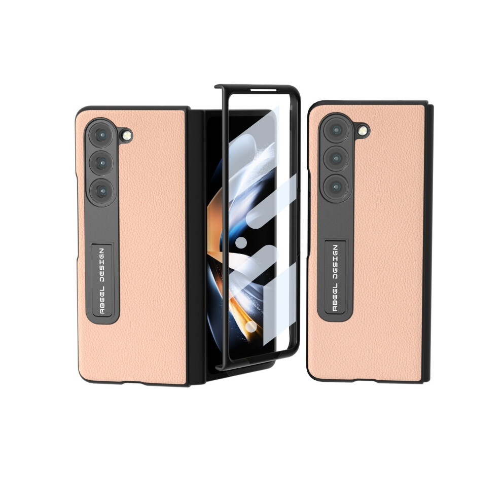 Abeel Integrated Genuine Leather + Pc Lychee Texture Phone Case With Stand Compatible Gift Samsung Galaxy Z Fold5 (Dawn Gold):For Samsung Galaxy Pink 3472763134433