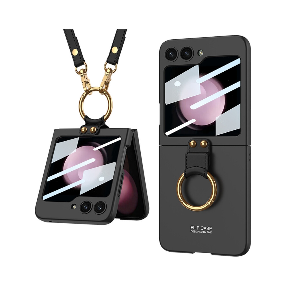 Compatible Gift Samsung Galaxy Z Flip5 Gkk Ultra-Thin Pc Full Coverage Ring Holder Phone Case With Strap(Black):For Samsung Galaxy Z Flip5 Black 7326887305308
