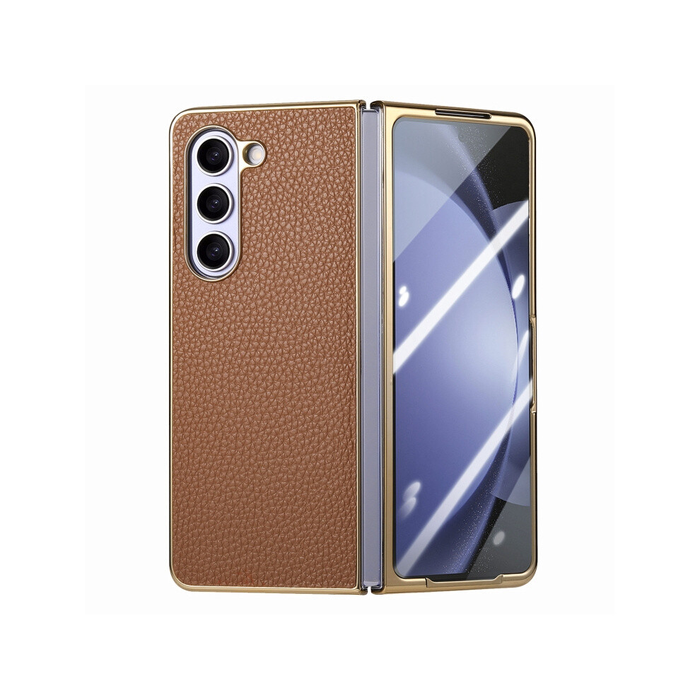 Integrated Electroplated Lychee Leather Textured Shockproof Phone Case Compatible Gift Samsung Galaxy Z Fold5 5G (Brown):For Samsung Galaxy Z Fold5 5 Brown 7326887305506