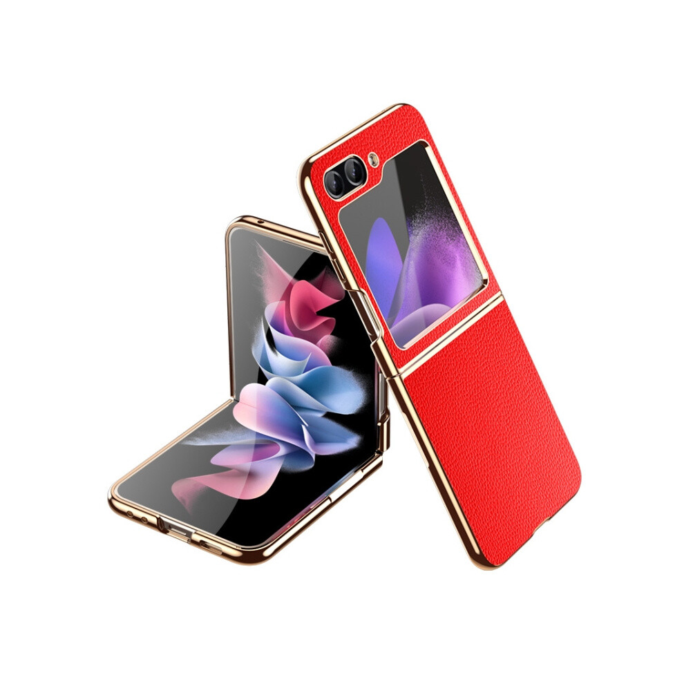 Electroplated Lychee-Textu Leather Case Compatible Gift Samsung Galaxy Z Flip5 (Red):For Samsung Galaxy Z Flip5 Red 5423855227234