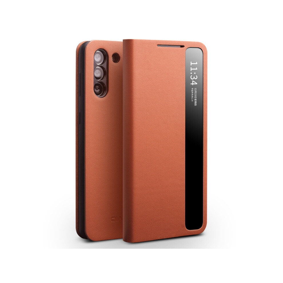Compatible Gift Samsung Galaxy S21 5G Qialino Genuine Leather Side Window View Smart Phone Case(Brown):For Samsung Galaxy S21 5G Brown 7417900147491