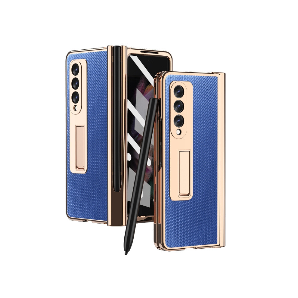Compatible Gift Samsung Galaxy Z Fold3 Kevlar Texture Integrated Electroplating Hinge Flip Phone Case With Pen Slot(Blue): Blue 4574221283772