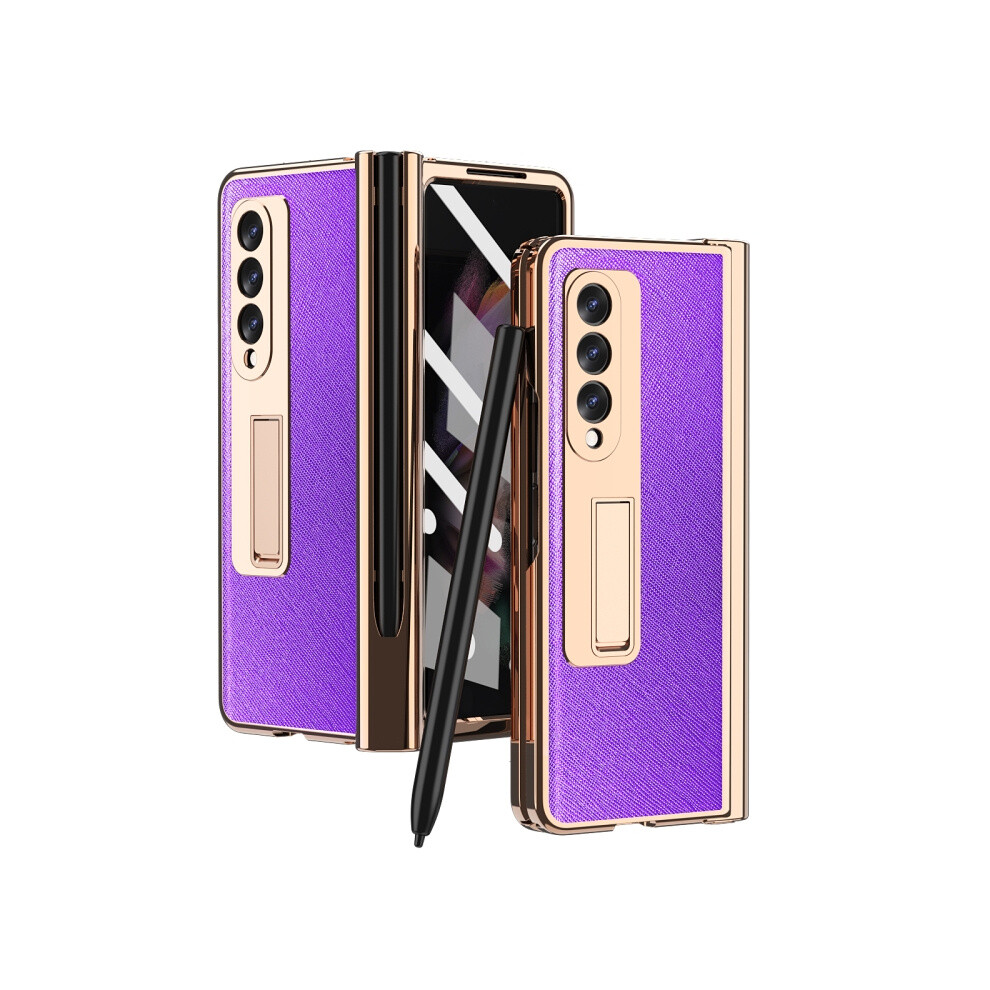 Compatible Gift Samsung Galaxy Z Fold3 Cross Texture Integrated Electroplating Hinge Flip Phone Case With Pen Slot(Purple): Purple 4574221283789