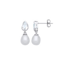 Jewelco London Ladies Rhodium Plated Sterling Silver Cream Pear Pearl CZ Bezel Halo Teardrop Drop Earrings - EAG1262