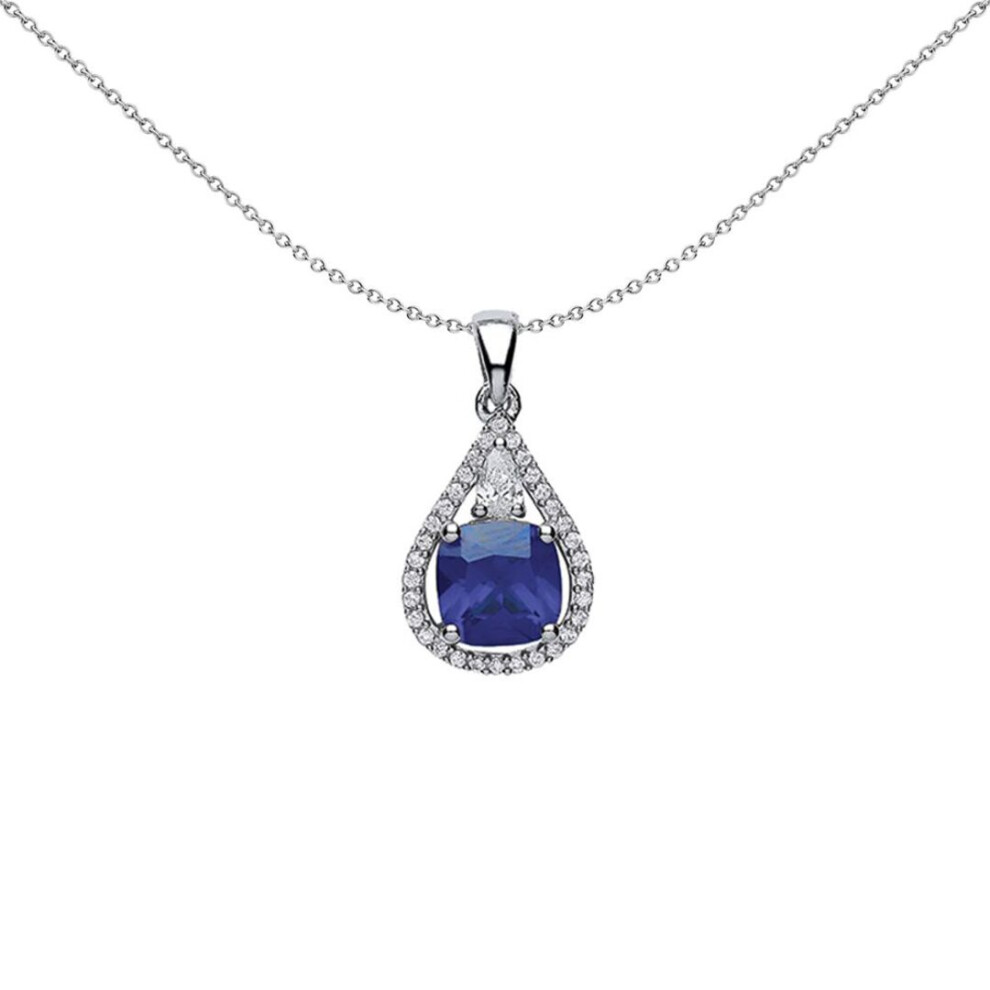 Jewelco London Ladies Sterling Silver Tanzanite-Violet Cushion Cubic Zirconia Halo Teardrop Pendant Necklace - Gvp334tan