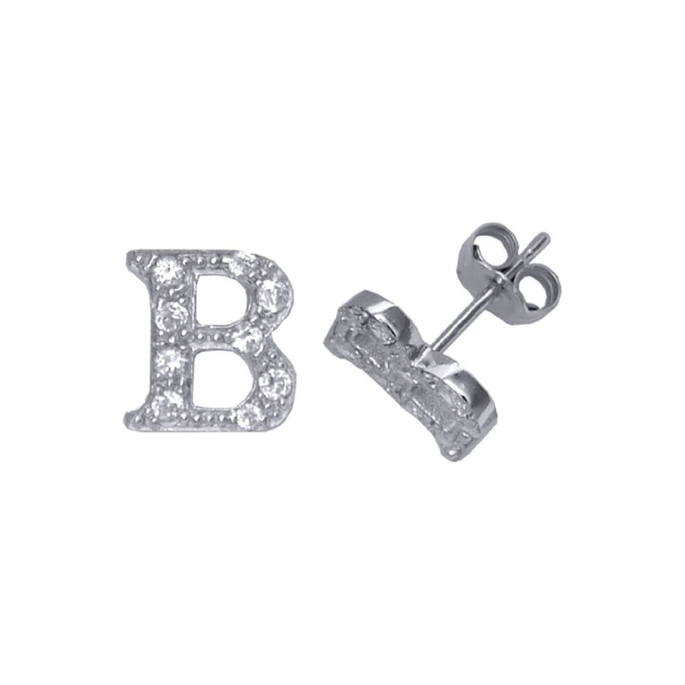 Jewelco London Ladies Sterling Cubic Zirconia Identity Initial Stud Earrings Letter B - Gin3-B Silver