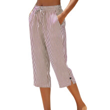 Women Casual Drawstring Elastic Waist Straight Wide-Brown XL