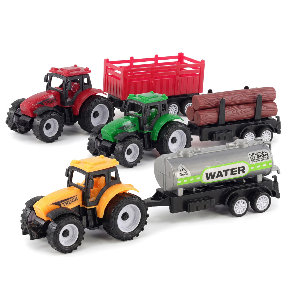 The Magic Toy Shop 3 Piece Tractor And Trailer Toy Set Farm Vehicle Kids Toy Plastic Playset