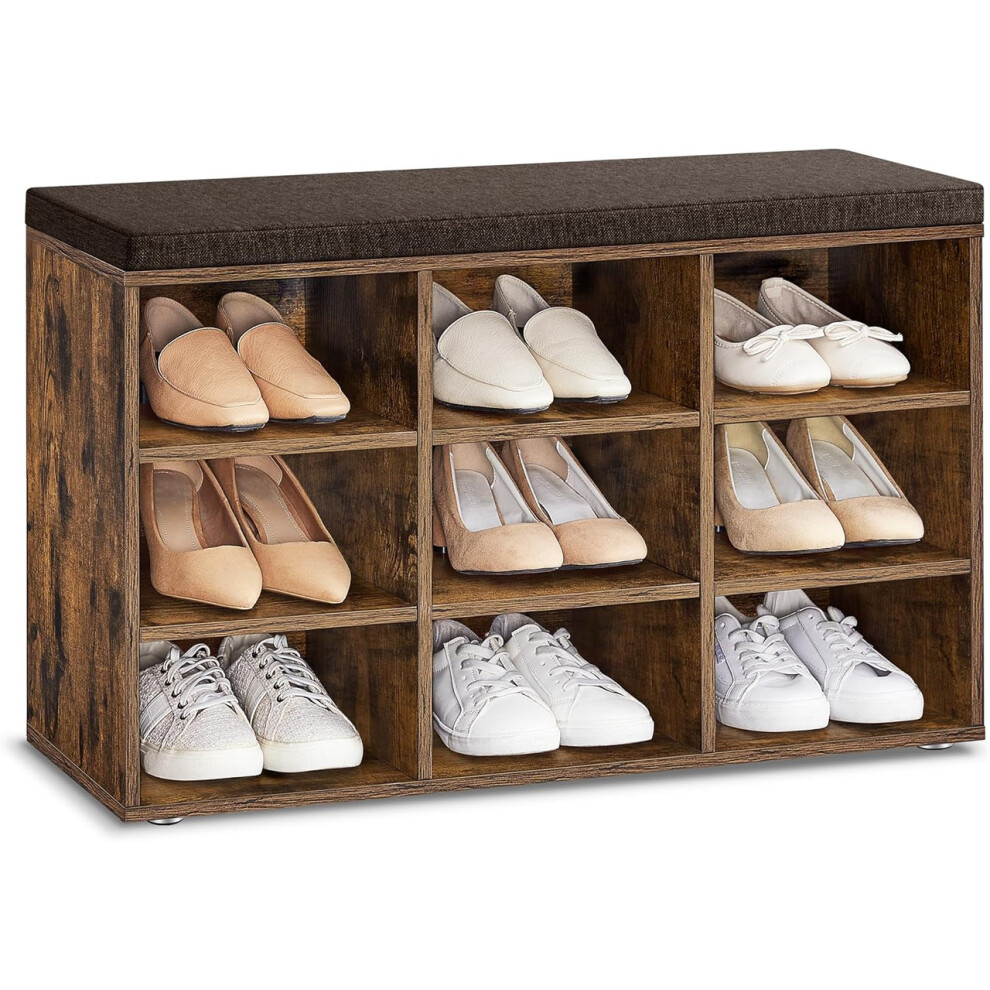 Vasagle (Rustic Brown) Shoe Bench, Storage Bench With Padded Seat, 9 Compartments, Adjustable Shelves, For Living Room, Hallway
