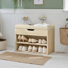 (Natural Beige) Shoe Storage Bench with Cushion, Entryway Bench with 3 Storage Compartments