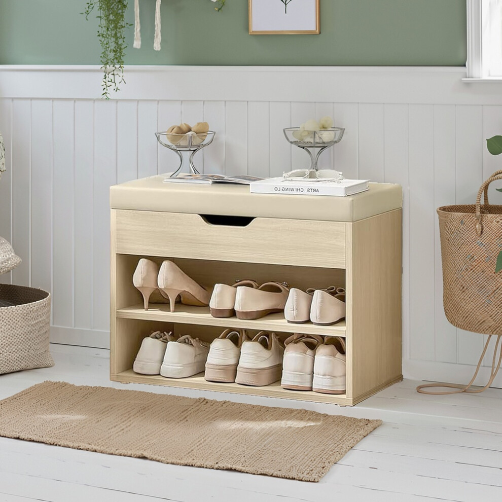 Vasagle (Natural Beige) Shoe Storage Bench With Cushion, Entryway Bench With 3 Storage Compartments