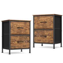 (Rustic Brown, Ink Black) Bedside Table with 2 Drawers, Side End Tables, for Bedroom, Steel, Set of 2, Industrial