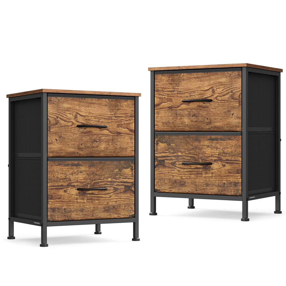 Songmics (Rustic Ink Black) Bedside Table With 2 Drawers, Side End Tables, For Bedroom, Steel, Set Of 2, Industrial Brown/Black
