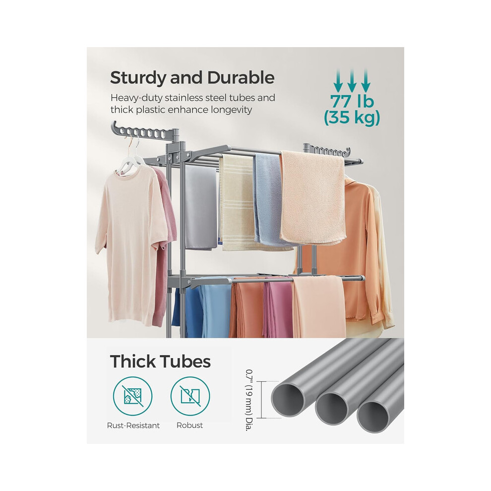 Songmics (Grey) Clothes Drying Rack, Foldable Laundry Drying Rack, Stainless Steel, Clothes Airer, Indoor Outdoor Use