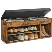 (Rustic Brown) Storage Bench with Cushion, Shoe Bench with Padded Seat, Entryway Bench with 3 Compartments, Hidden Storage, Shelves