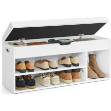 (White) Storage Bench with Cushion, Shoe Bench with Padded Seat, Entryway Bench with 3 Compartments, Hidden Storage, Shelves