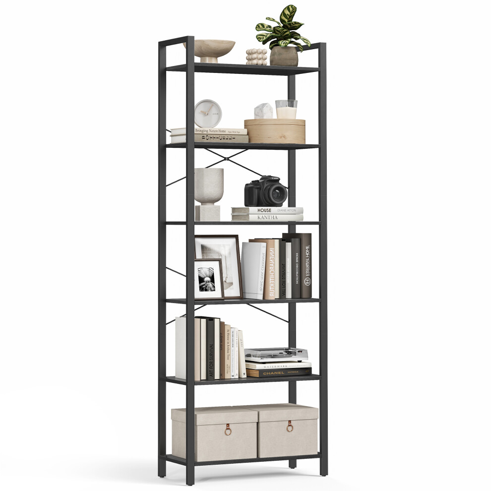 Vasagle (Ebony Ink ) 6-Tier Tall Bookshelf, Large Bookcase, Steel Frame, Freestanding Shelf Unit For Living Room, Bedroom Black