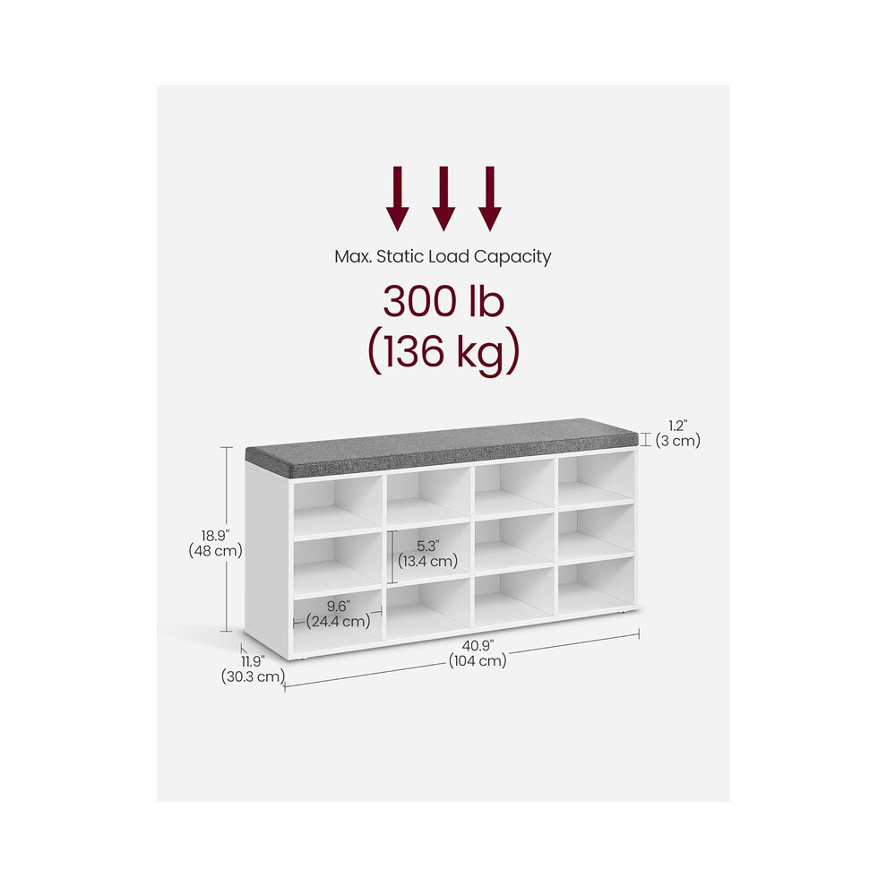 Vasagle (Classic White) Shoe Bench, Storage Bench With Padded Seat, With Cushion, 12 Compartments, Adjustable Shelves, For Living Room, Hallway