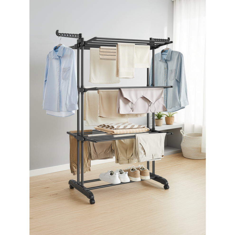 Songmics (Inkblack) Clothes Drying Rack, Foldable Laundry Drying Rack, Stainless Steel, Clothes Airer, Indoor Outdoor Use