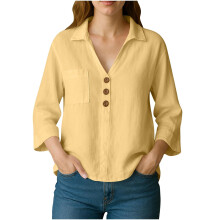 Linen Shirts for Womens Button Down V Neck Collared-Yellow S