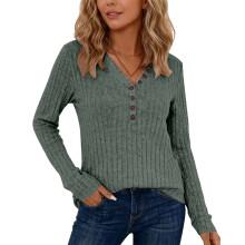 Womens Vintage Knit Tops Babydoll Pullover Button Down-Green S