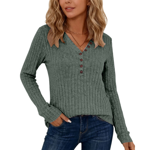 Womens Vintage Knit Tops Babydoll Pullover Button Down-Green S