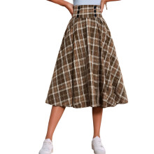 Women's plaid elastic waist A-line pleated taffeta-Yellow XL