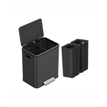 (Black) 2-Compartment Kitchen Waste Separation Bin with Soft-Close Lid, Steel Recycling Trash Can with Inner Buckets and Wide Pedal