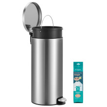 (Silver) Kitchen Bin, Round Trash Bin with 15 Trash Bags, Metal Pedal, Removable Plastic Inner Bucket, Handle