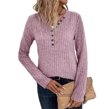 Womens Vintage Knit Tops Babydoll Pullover Button Down-Pink XXL