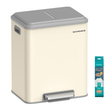 (Sand Beige) 2-Compartment Kitchen Waste Separation Bin with Soft-Close Lid, Steel Recycling Trash Can with Inner Buckets and Wide Pedal