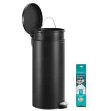 (Ink Black) Kitchen Bin, Round Trash Bin with 15 Trash Bags, Metal Pedal, Removable Plastic Inner Bucket, Handle