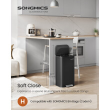 (Ink Black) Kitchen Bin, 30 L Pedal Bin, Steel Trash Bin, Soft-Close Lid, Stays Open, Inner Bucket, Wide Non-Slip Pedal, Cloud White