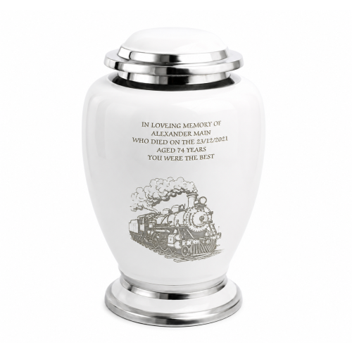 Adult Ashes Cremation Urn with Train Engraving White