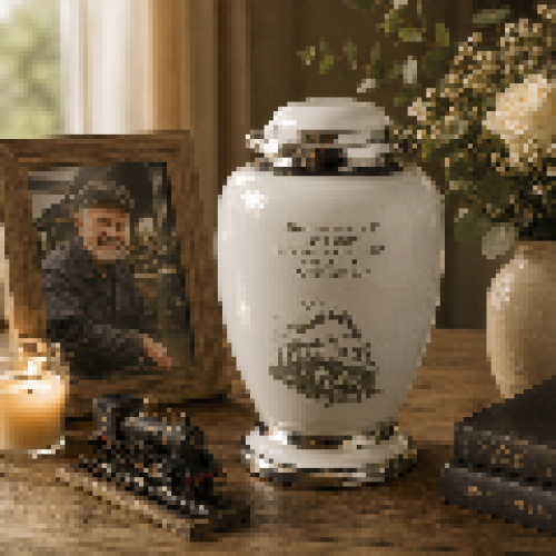 Adult Ashes Cremation Urn with Train Engraving White 1