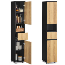 Tall Bathroom Cabinet, Slim Storage Cabinet, Narrow Cupboard, Bathroom Storage Unit, with a Drawer, Adjustable Shelves,Ink Black and Natural Brown