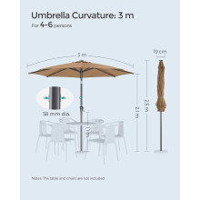 (Taupe) 3 m Garden Parasol Umbrella, 32 Solar Powered LED Lights, UPF 50+, 30?? Dual-Tilt System, Outdoor Terrace Pool Balcony, Without Base