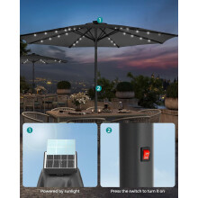 (Grey) 3 m Garden Parasol Umbrella, 32 Solar Powered LED Lights, UPF 50+, 30?? Dual-Tilt System, Outdoor Terrace Pool Balcony, Without Base
