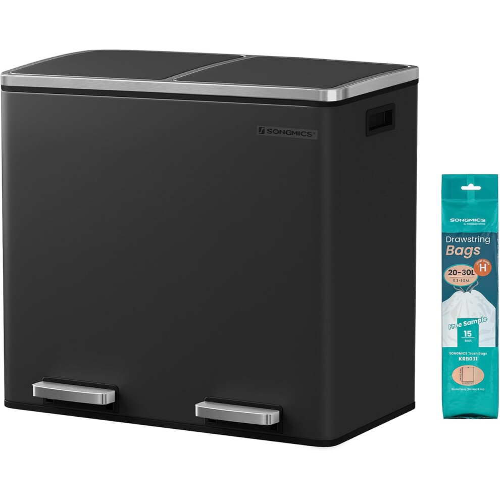 Songmics (Black) Dual Compartment Kitchen Bin, 48L Pedal Trash Can With Soft-Close Lids, Removable Buckets, For Home