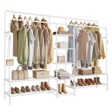 Clothes Rack, Open Wardrobe, Metal Coat Rack with 9 Shelves, Hanging Rods, White