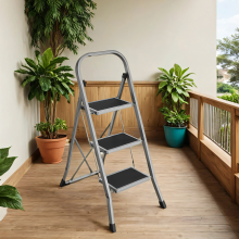 3 Step Ladder, Folding Stool with Safety Lock, Space-Saving for Home, Supports 150 kg, Grey