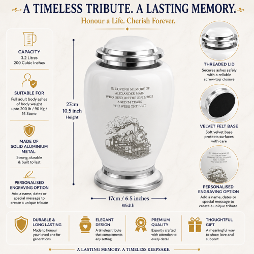 Adult Ashes Cremation Urn with Train Engraving White 2