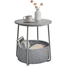 (Dove Grey, Slate Grey) Side Table, Round End Table with Fabric Basket, for Living Room Bedroom, Bedside Table, Modern Style
