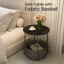 (Ebony Black,Slate Grey) Side Table, Round End Table with Fabric Basket, for Living Room Bedroom, Bedside Table, Modern Style