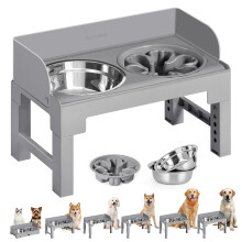Feandrea Raised Dog Bowls with Stand, 1 Slow Feeder and Two 304 Stainless Steel Bowls, Adjustable Height and Tilted Design, Dove Grey