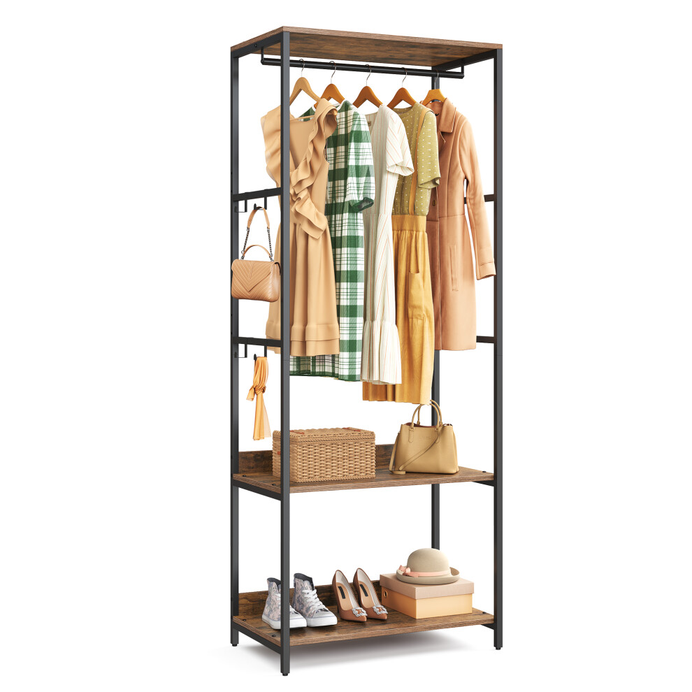 Songmics Portable Clothes Wardrobe,Foldable Closet,Clothes Rack Freestanding,Closet Organiser,With Hanging Rods,Storage Shelves,Removable Hooks,Rustic Brown