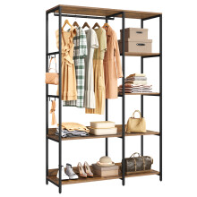 Portable Clothes Wardrobe, Foldable Closet, Clothes Rack Freestanding,Closet Organiser,with Hanging Rods,Storage Shelves,Removable Hooks,Rustic Brown