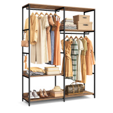 Portable Clothes Wardrobe,Foldable Closet,Clothes Rack Freestanding,Closet Organiser, with Hanging Rods,Storage Shelves, Removable Hooks,Rustic Brow
